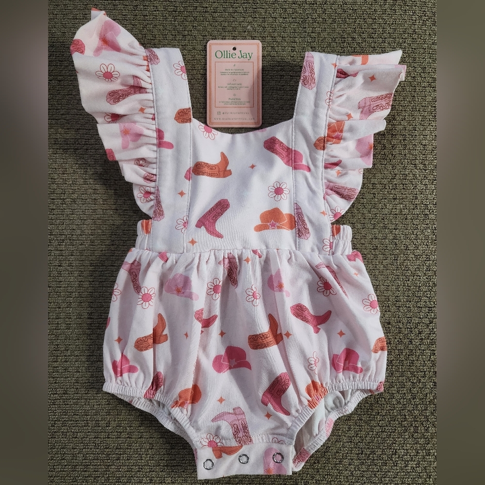 Ollie Jay Baby Romper, Pink Western 6-12m